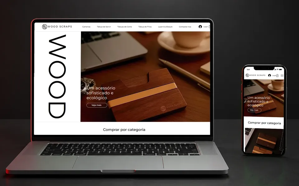 Site da Woodscraps aberto no notebook e no celular